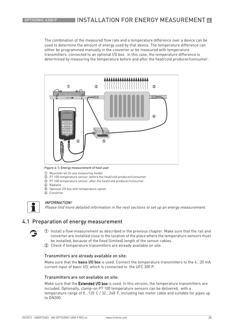 Installation for energy measurement, 1 preparation of energy measurement | KROHNE OPTISONIC 6300 P-6400 EN User Manual | Page 35 / 88