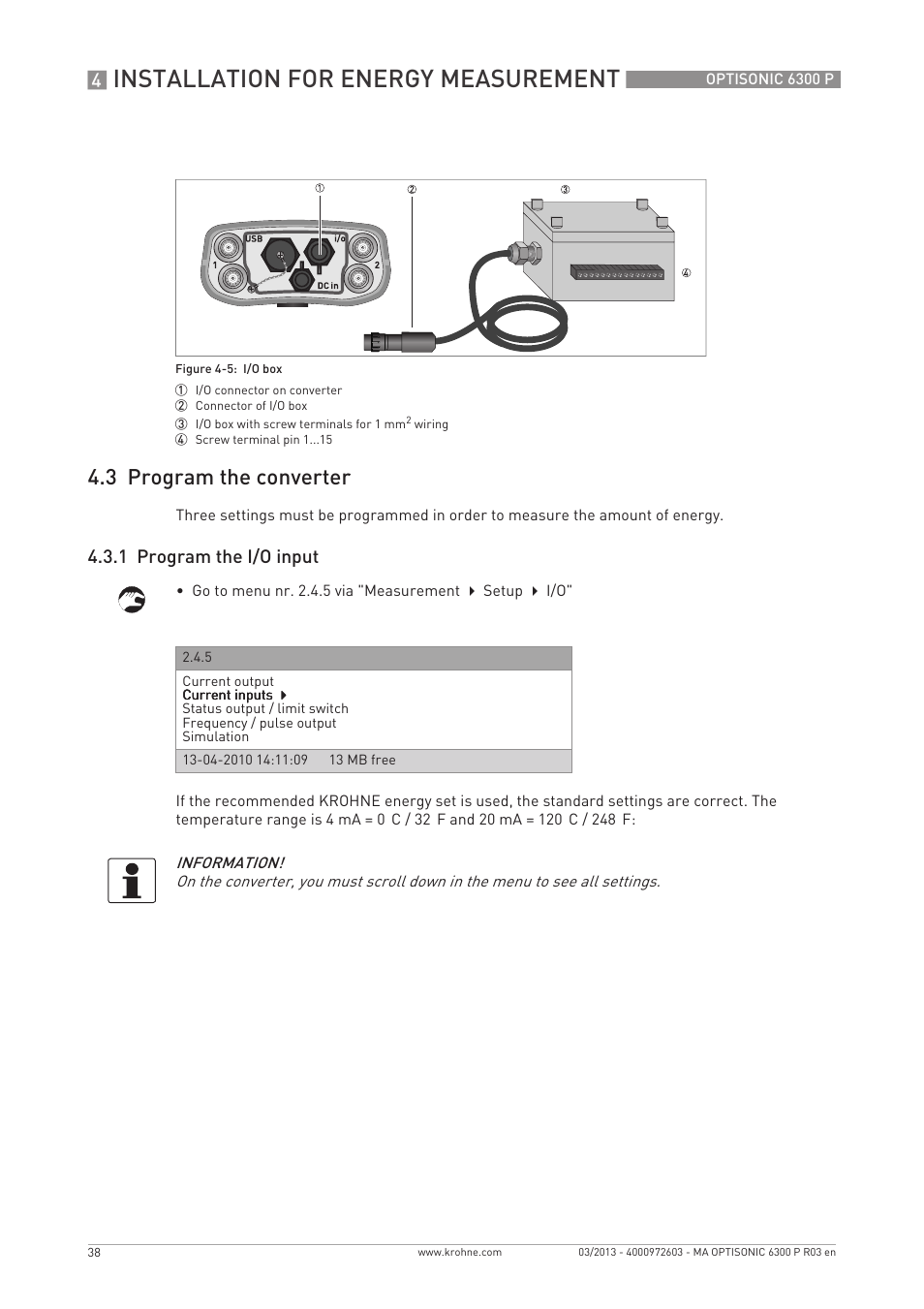Installation for energy measurement, 3 program the converter, 1 program the i/o input | KROHNE OPTISONIC 6300 P-6400 EN User Manual | Page 38 / 88