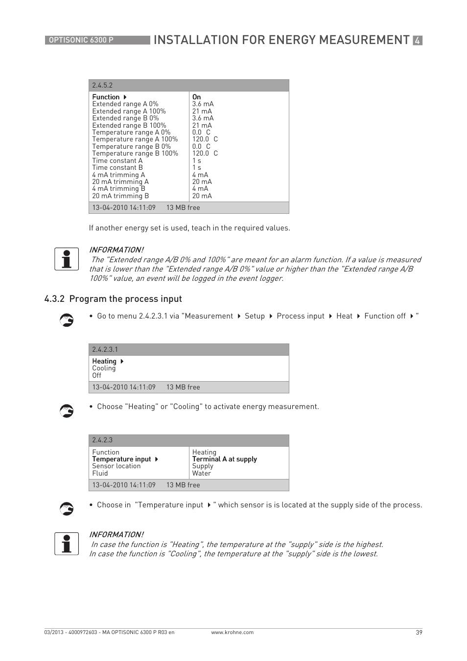 Installation for energy measurement, 2 program the process input | KROHNE OPTISONIC 6300 P-6400 EN User Manual | Page 39 / 88