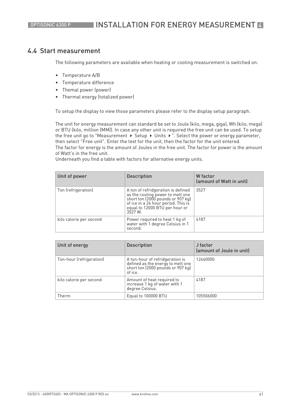 Installation for energy measurement, 4 start measurement | KROHNE OPTISONIC 6300 P-6400 EN User Manual | Page 41 / 88