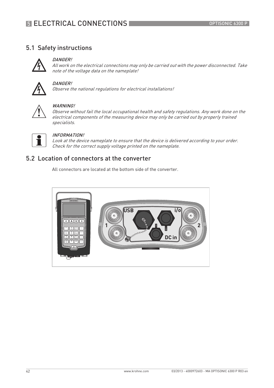 Electrical connections, 12 usb i/o dc in, Optisonic 6300 p | KROHNE OPTISONIC 6300 P-6400 EN User Manual | Page 42 / 88
