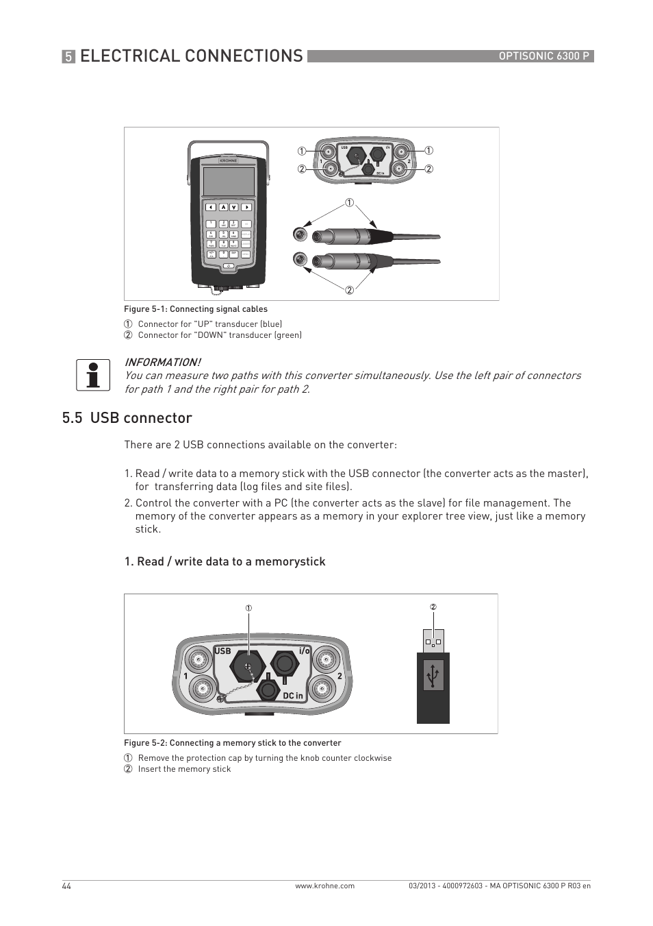 Electrical connections, 5 usb connector, Optisonic 6300 p | KROHNE OPTISONIC 6300 P-6400 EN User Manual | Page 44 / 88