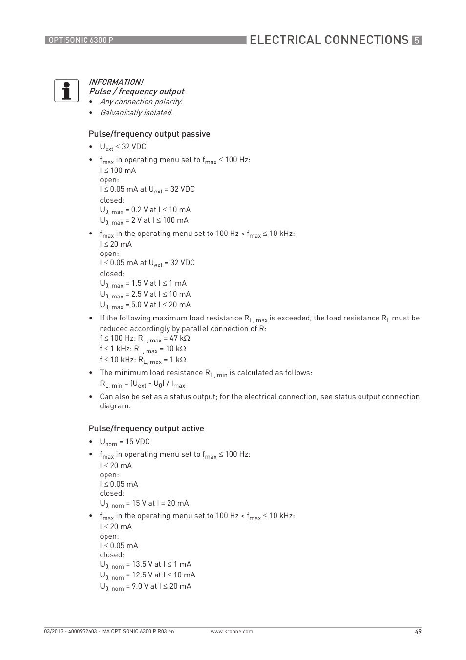 Electrical connections, Pulse / frequency output | KROHNE OPTISONIC 6300 P-6400 EN User Manual | Page 49 / 88