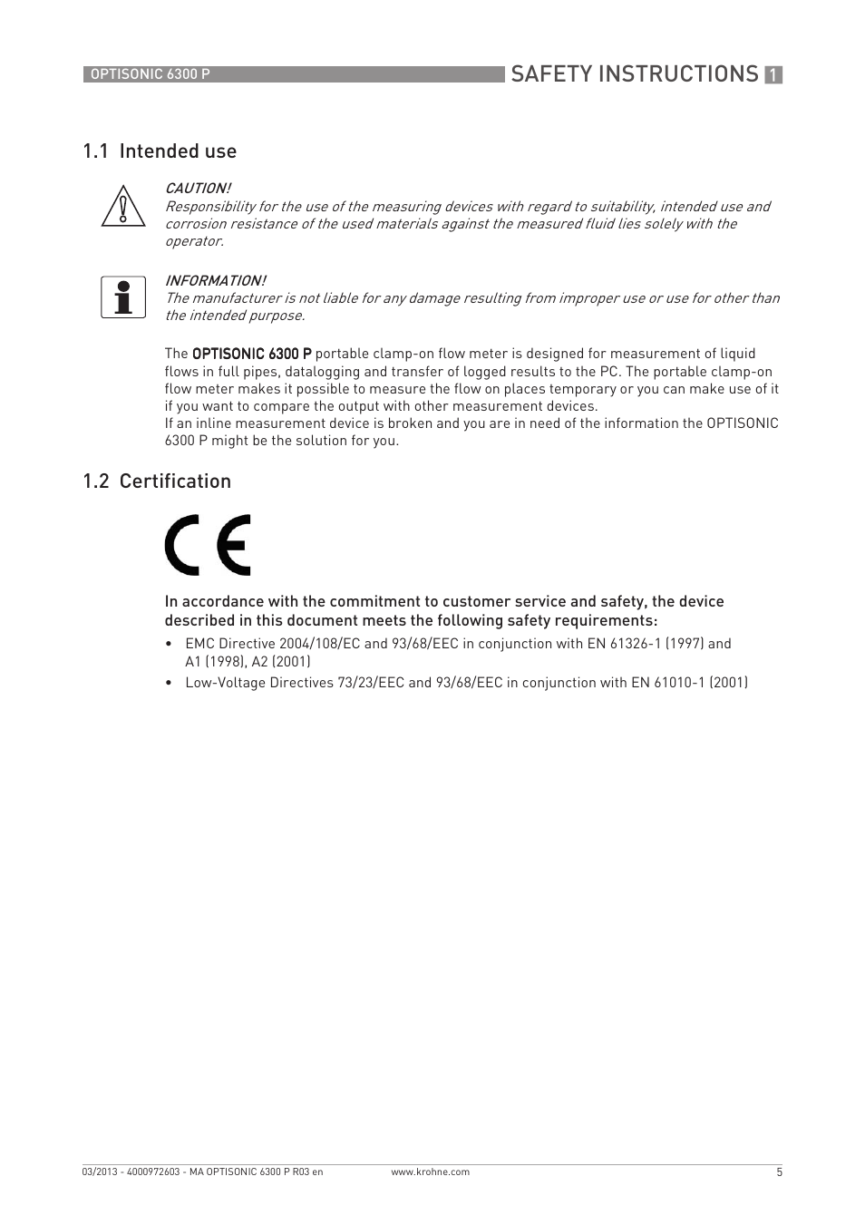 Safety instructions, 1 intended use, 2 certification | KROHNE OPTISONIC 6300 P-6400 EN User Manual | Page 5 / 88