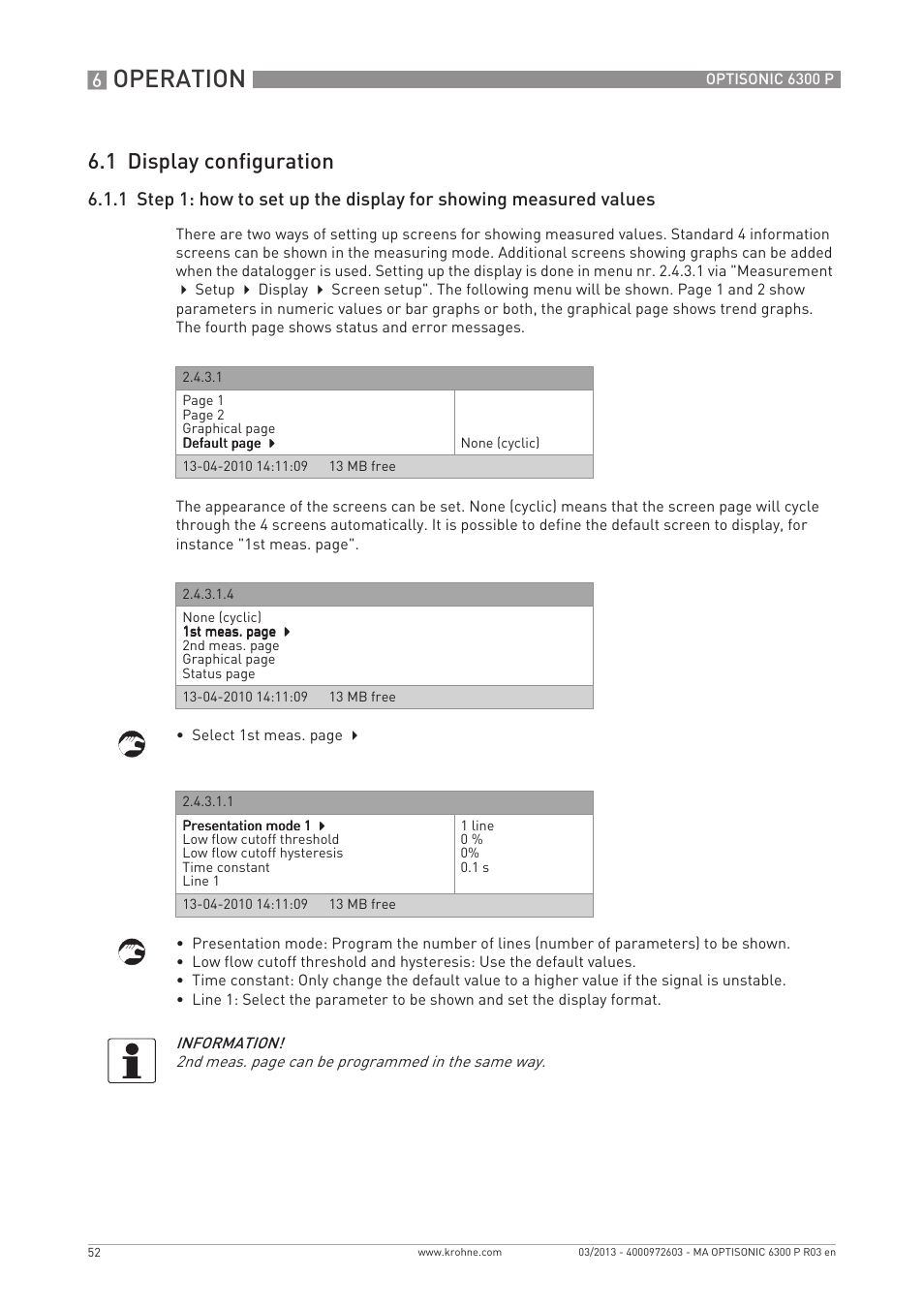 Operation, 1 display configuration | KROHNE OPTISONIC 6300 P-6400 EN User Manual | Page 52 / 88