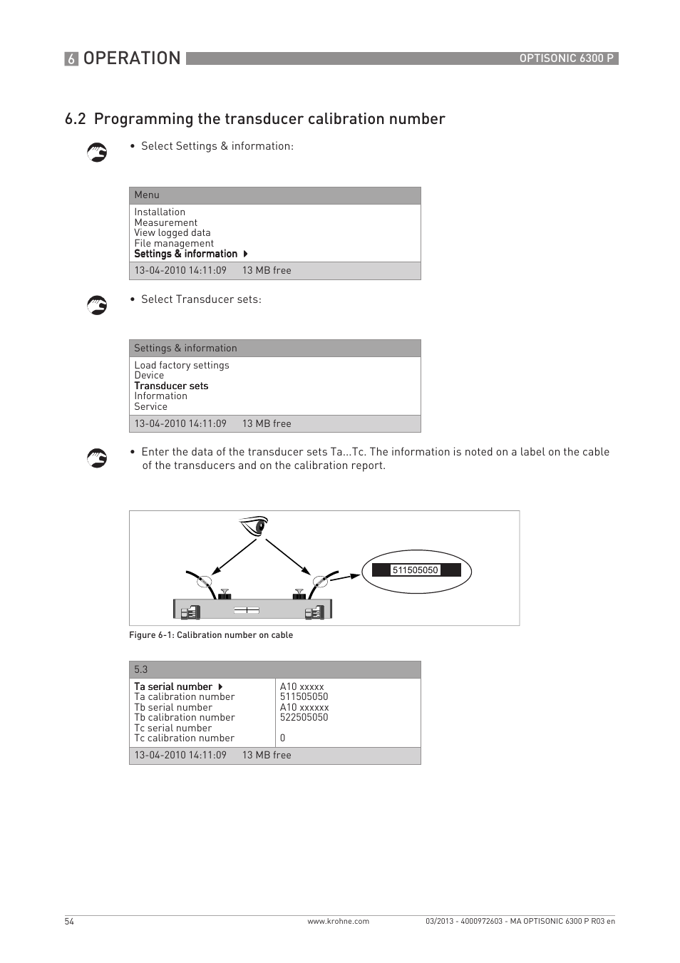 Operation, 2 programming the transducer calibration number | KROHNE OPTISONIC 6300 P-6400 EN User Manual | Page 54 / 88