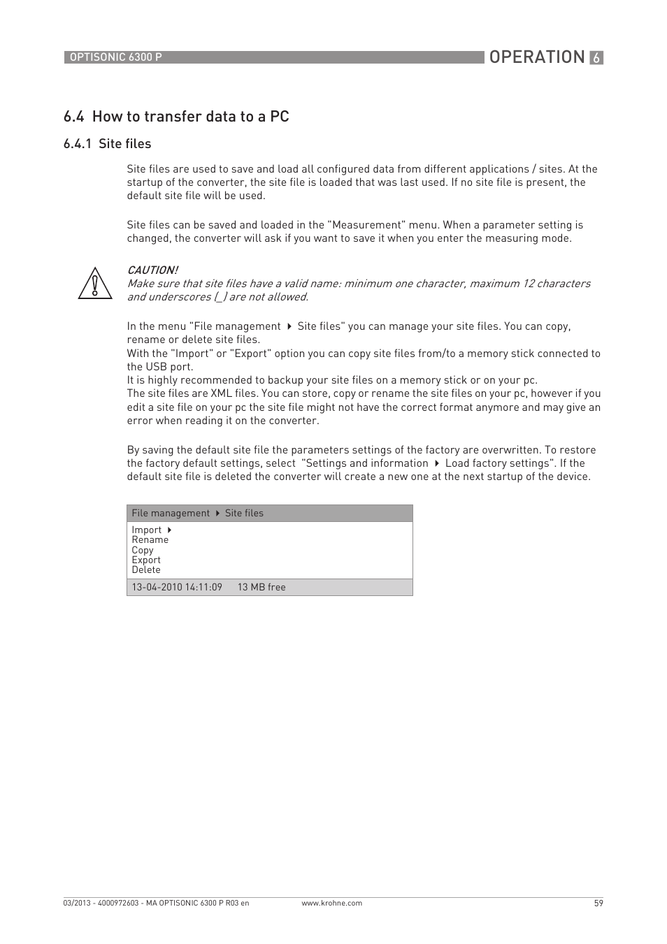 Operation, 4 how to transfer data to a pc, 1 site files | KROHNE OPTISONIC 6300 P-6400 EN User Manual | Page 59 / 88