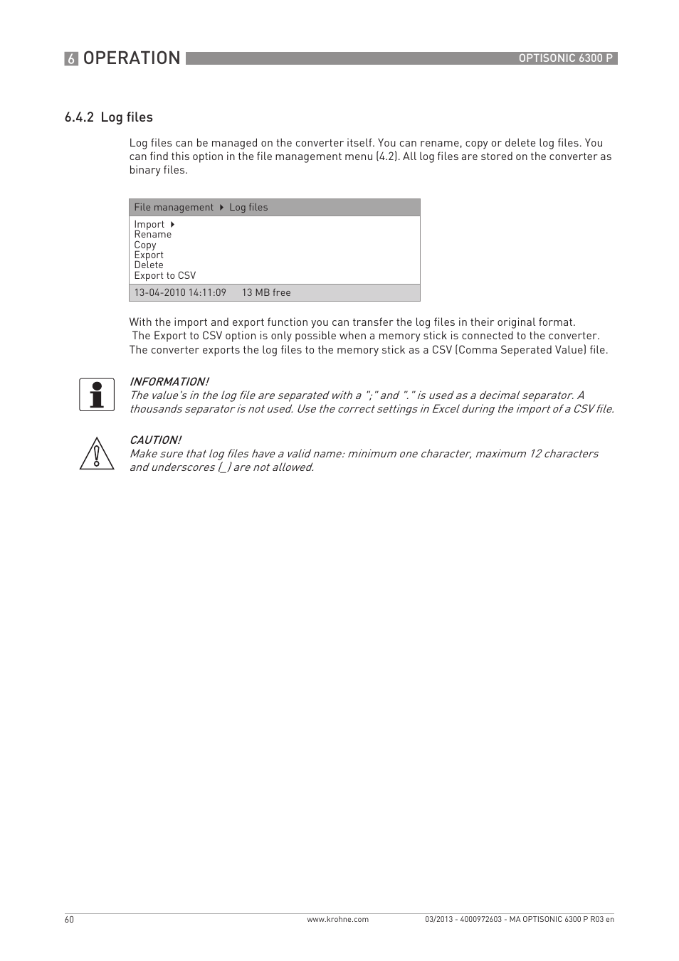 Operation, 2 log files | KROHNE OPTISONIC 6300 P-6400 EN User Manual | Page 60 / 88