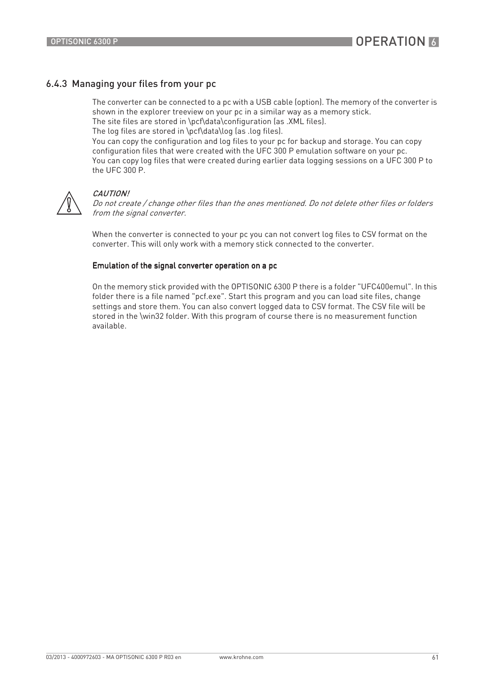 Operation | KROHNE OPTISONIC 6300 P-6400 EN User Manual | Page 61 / 88