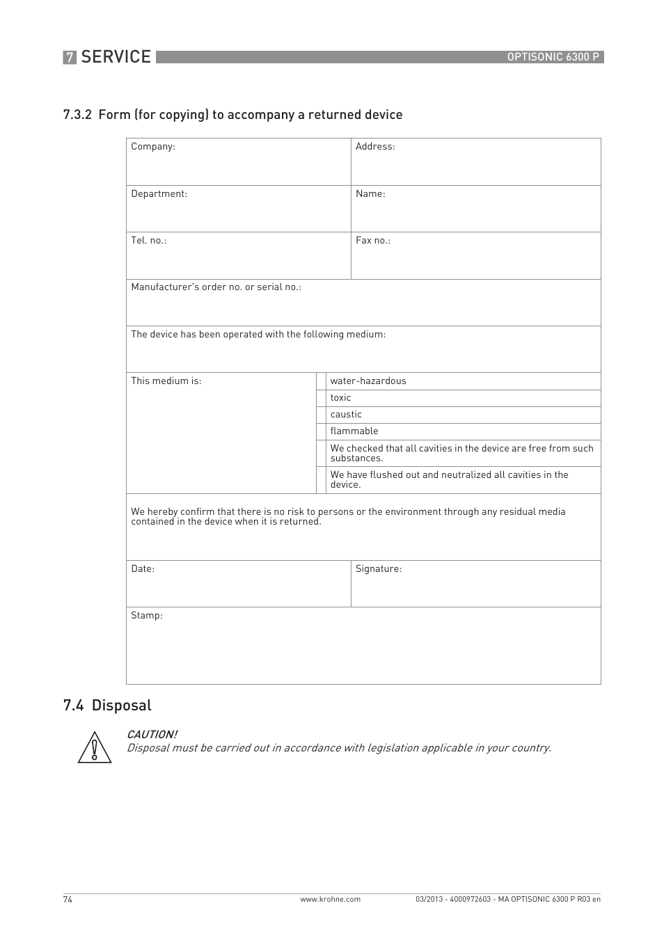 Service, 4 disposal | KROHNE OPTISONIC 6300 P-6400 EN User Manual | Page 74 / 88