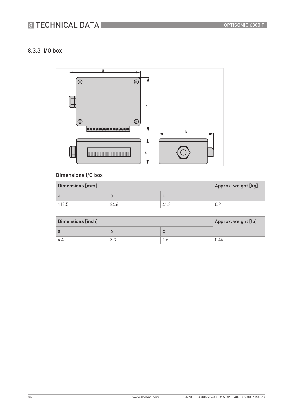 Technical data, 3 i/o box | KROHNE OPTISONIC 6300 P-6400 EN User Manual | Page 84 / 88