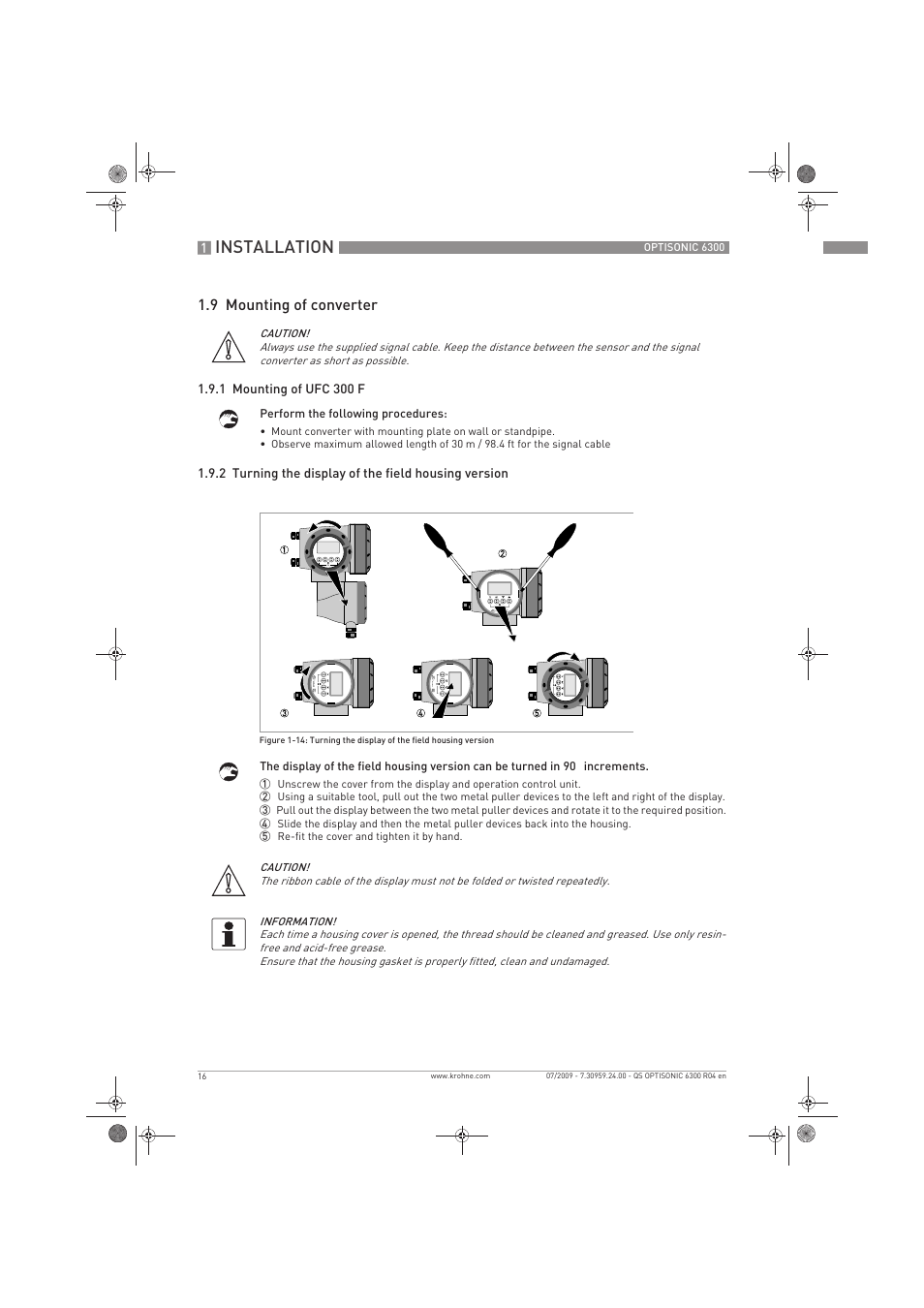 Installation, 9 mounting of converter | KROHNE OPTISONIC 6300 Quickstart EN User Manual | Page 16 / 56