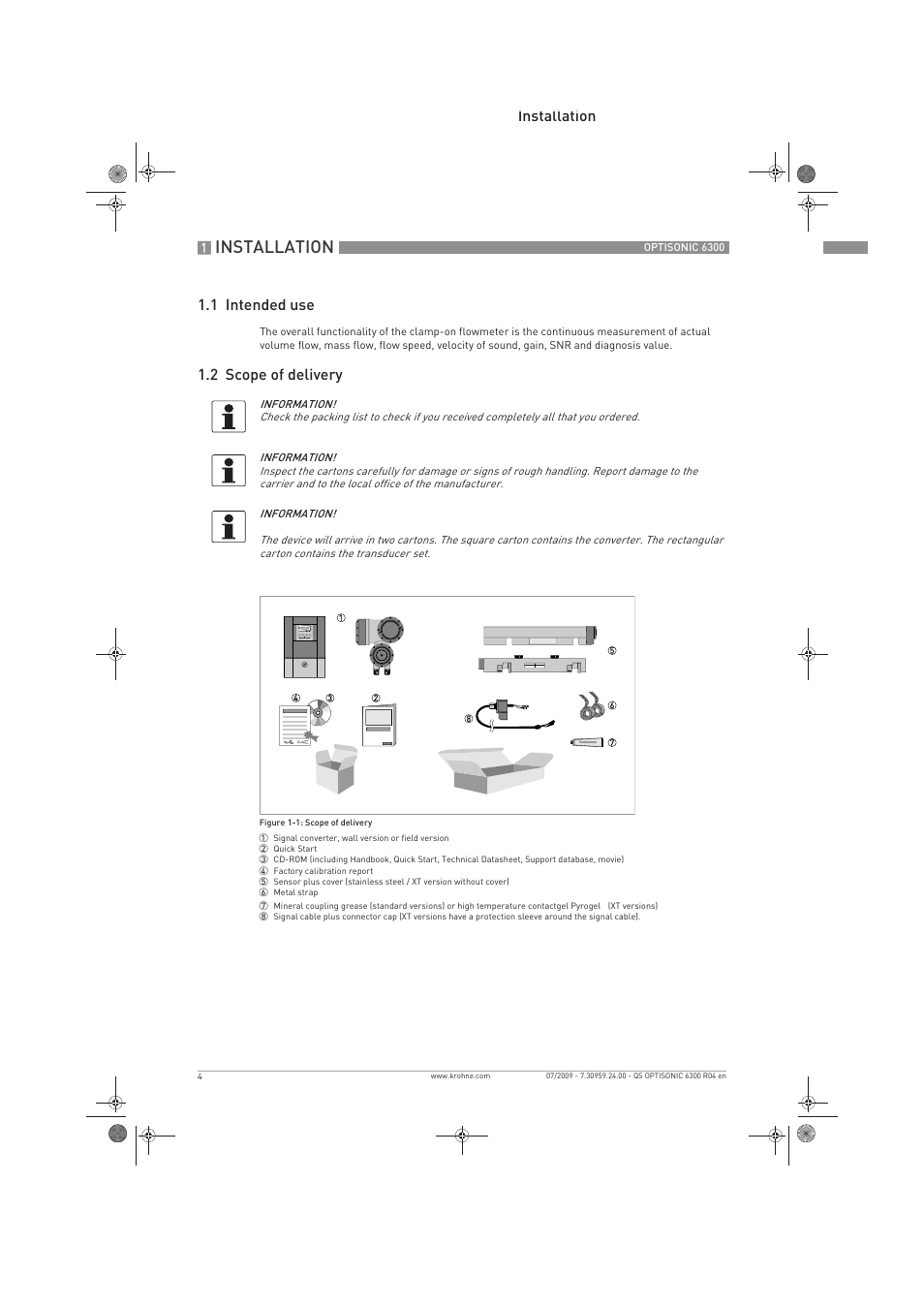 Installation, Installation 1.1 intended use, 2 scope of delivery | KROHNE OPTISONIC 6300 Quickstart EN User Manual | Page 4 / 56