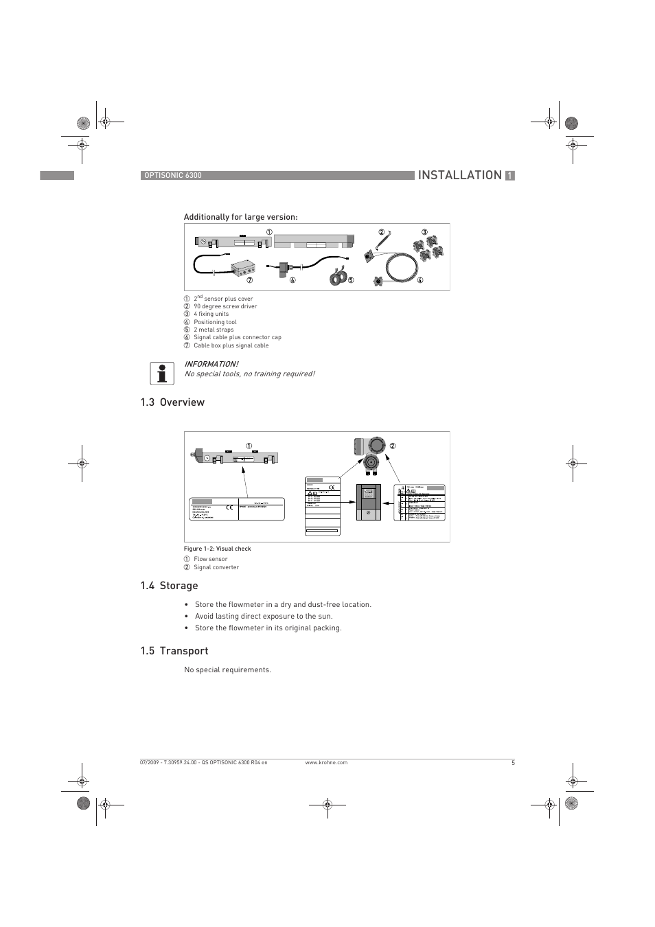 Installation, 3 overview 1.4 storage, 5 transport | KROHNE OPTISONIC 6300 Quickstart EN User Manual | Page 5 / 56