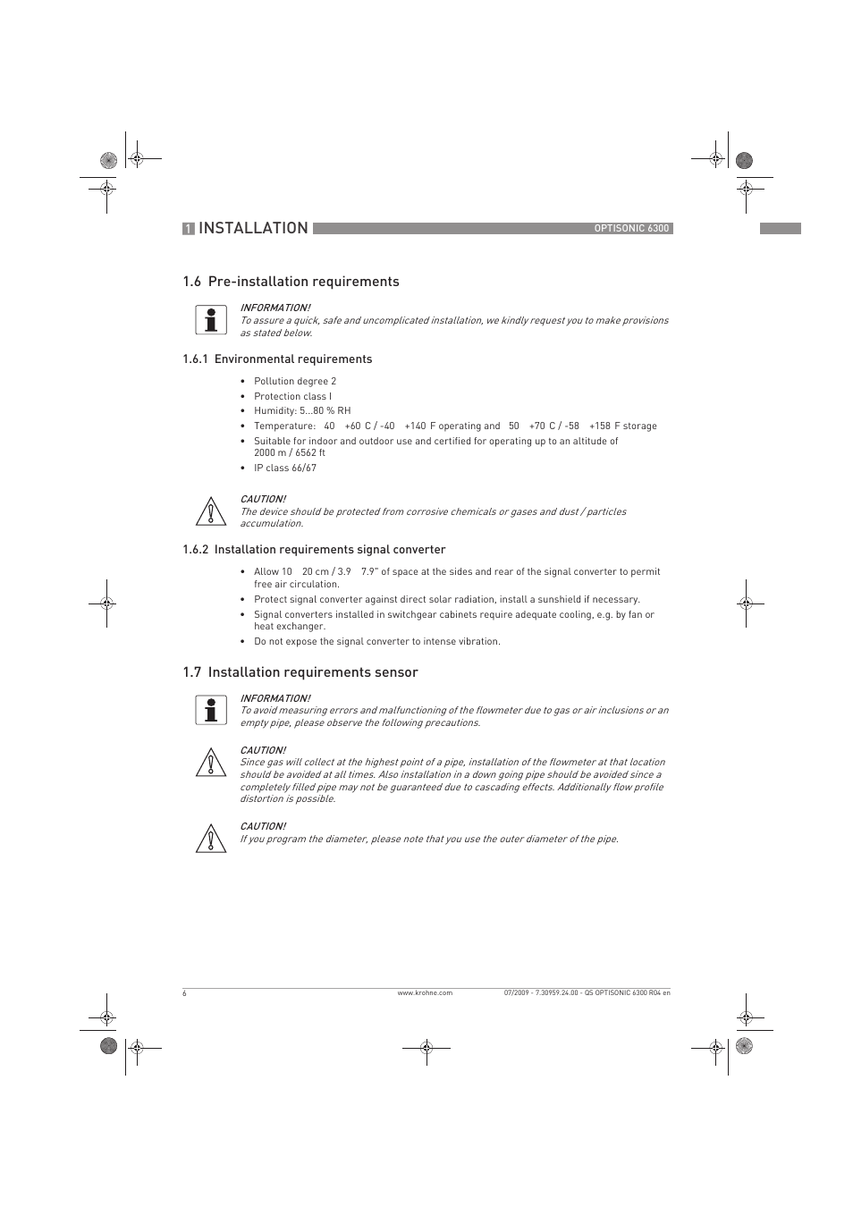 Installation, 6 pre-installation requirements, 7 installation requirements sensor | KROHNE OPTISONIC 6300 Quickstart EN User Manual | Page 6 / 56