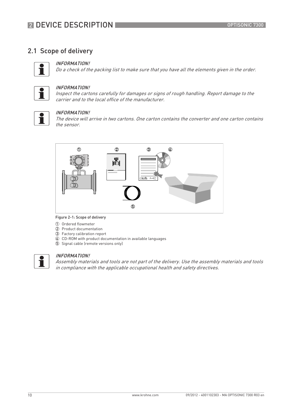 Device description, 1 scope of delivery | KROHNE OPTISONIC 7300 EN User Manual | Page 10 / 136