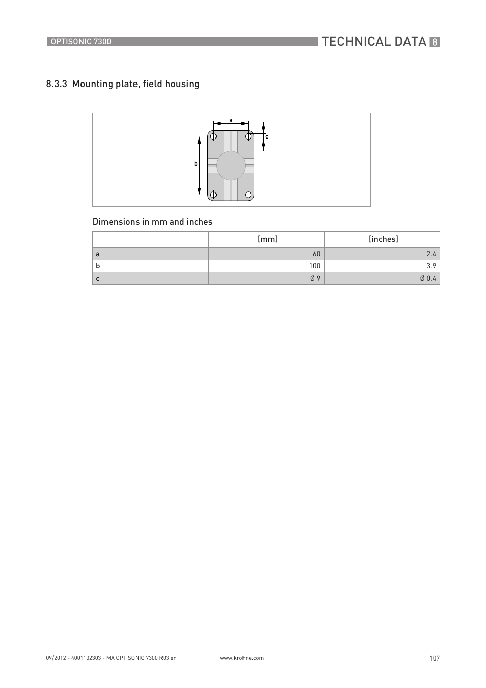 Technical data, 3 mounting plate, field housing | KROHNE OPTISONIC 7300 EN User Manual | Page 107 / 136