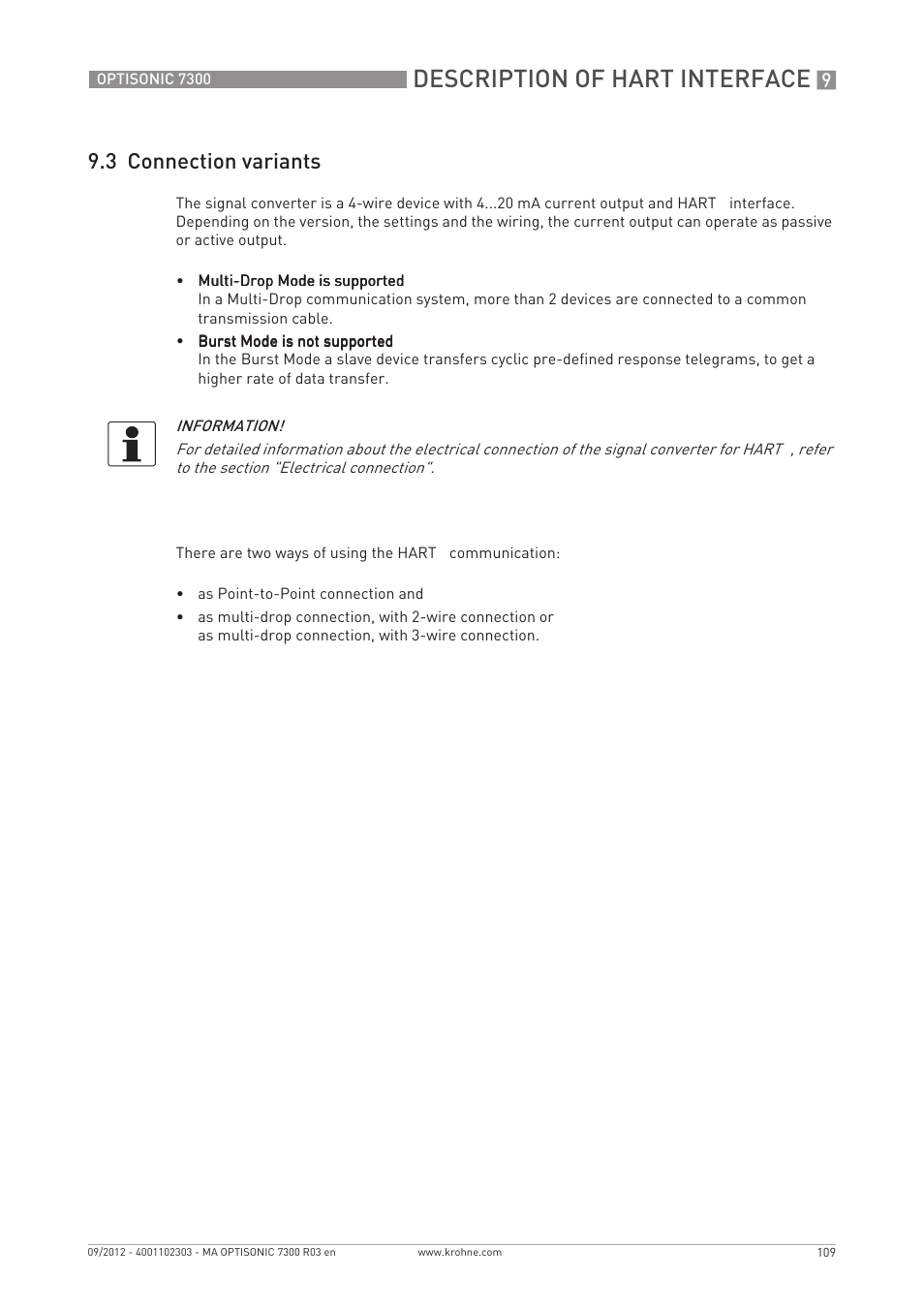 Description of hart interface, 3 connection variants | KROHNE OPTISONIC 7300 EN User Manual | Page 109 / 136