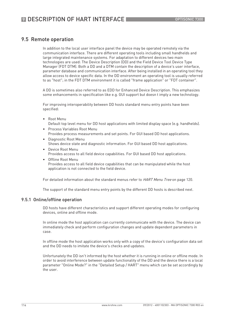 Description of hart interface, 5 remote operation | KROHNE OPTISONIC 7300 EN User Manual | Page 114 / 136