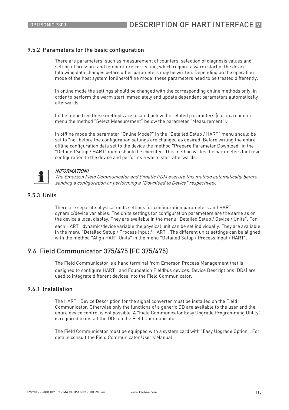 Description of hart interface, 2 parameters for the basic configuration, 3 units | 1 installation | KROHNE OPTISONIC 7300 EN User Manual | Page 115 / 136