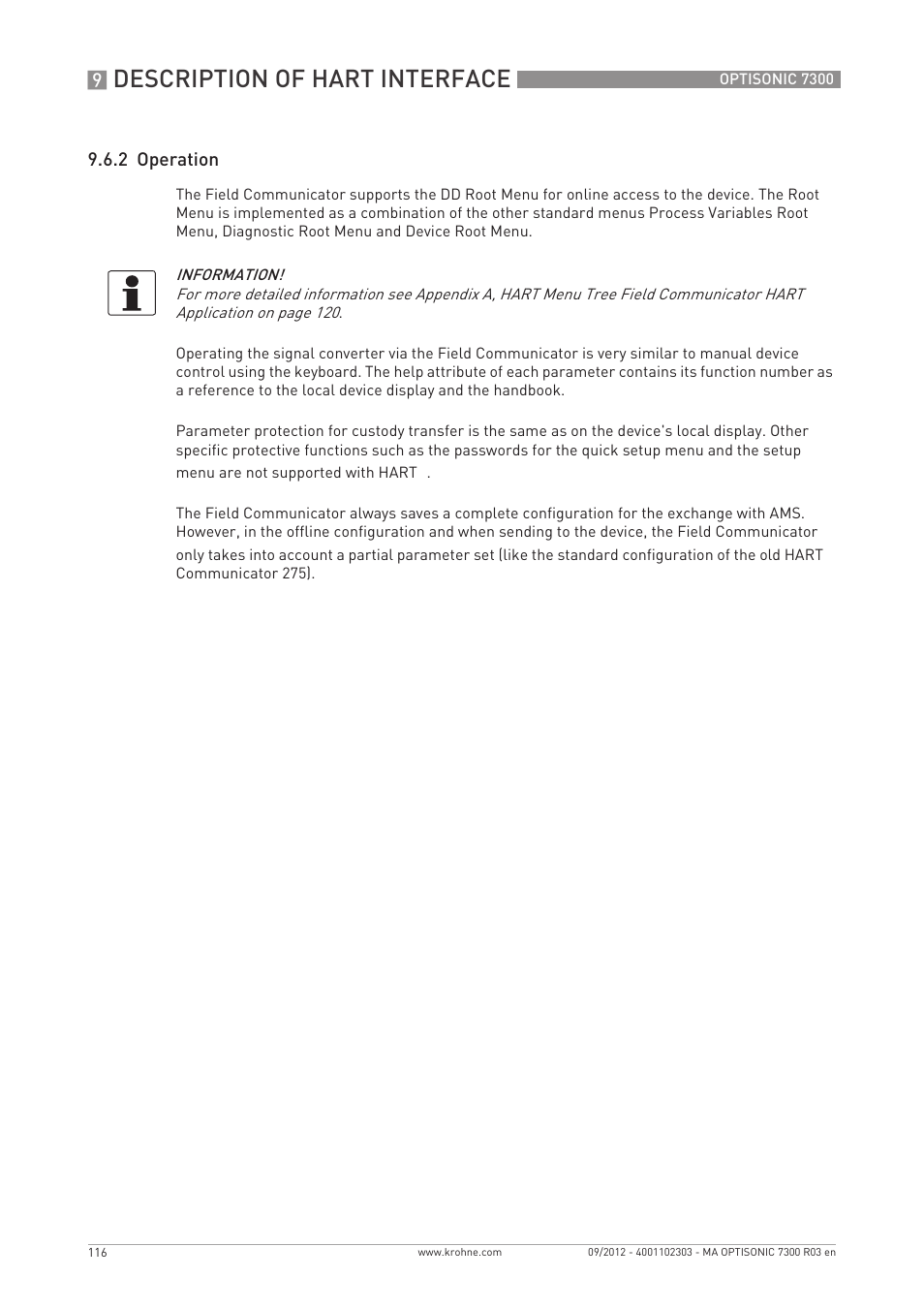 Description of hart interface, 2 operation | KROHNE OPTISONIC 7300 EN User Manual | Page 116 / 136