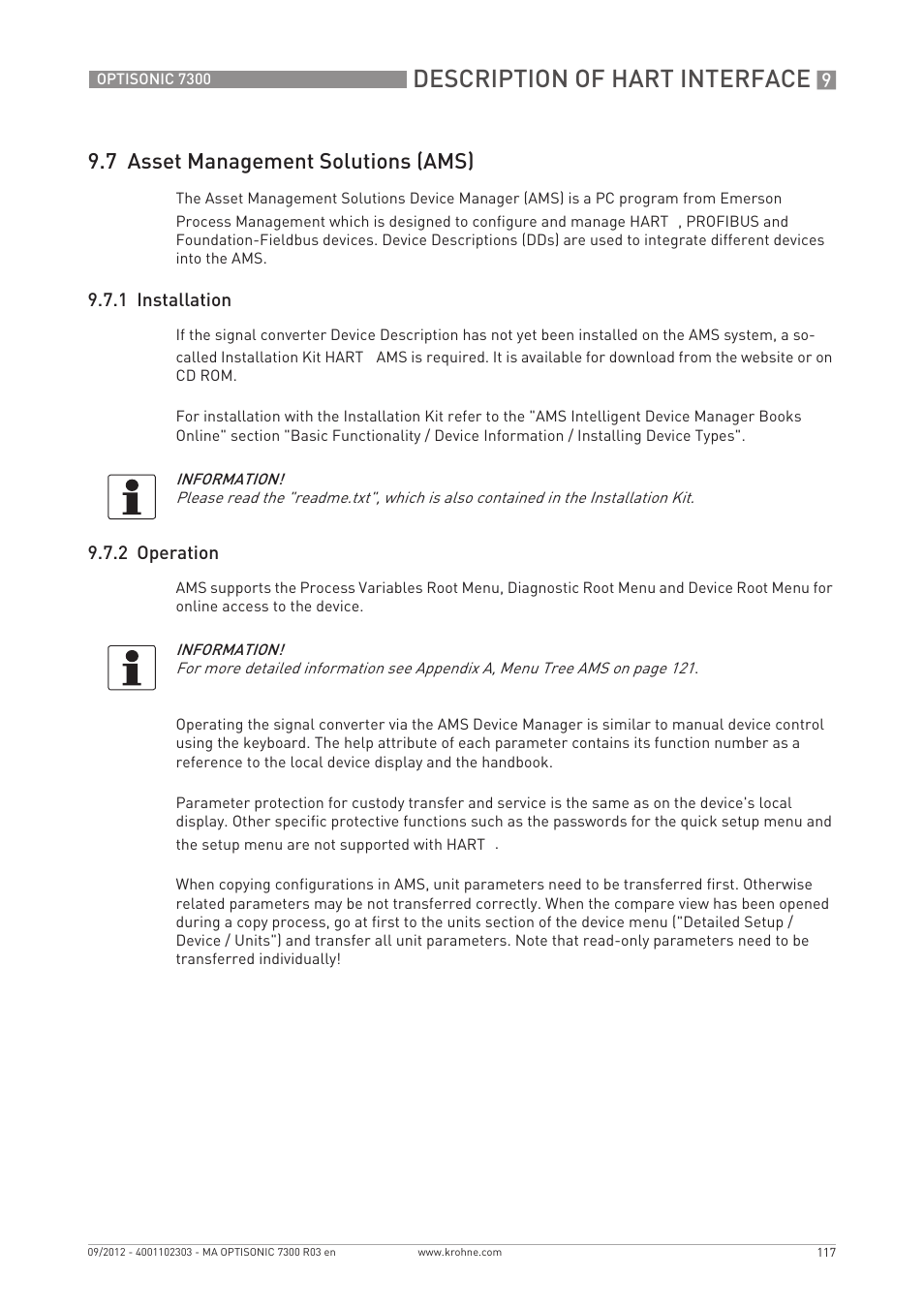 Description of hart interface, 7 asset management solutions (ams), 1 installation | 2 operation | KROHNE OPTISONIC 7300 EN User Manual | Page 117 / 136