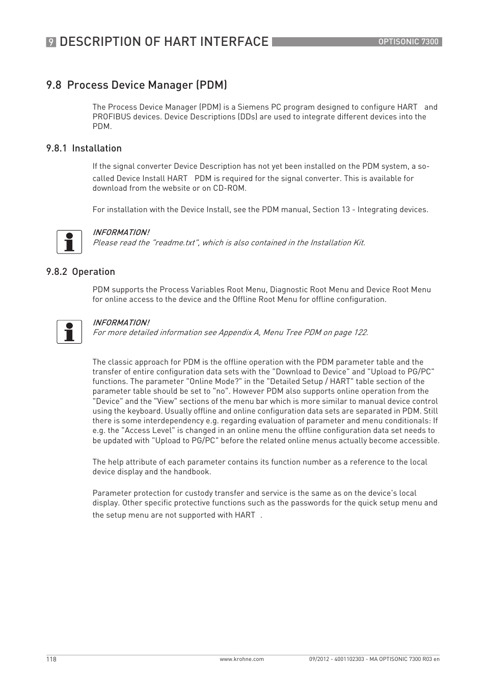 Description of hart interface, 8 process device manager (pdm), 1 installation | 2 operation | KROHNE OPTISONIC 7300 EN User Manual | Page 118 / 136