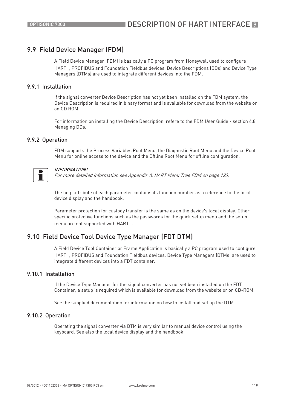 Description of hart interface, 9 field device manager (fdm), 10 field device tool device type manager (fdt dtm) | KROHNE OPTISONIC 7300 EN User Manual | Page 119 / 136