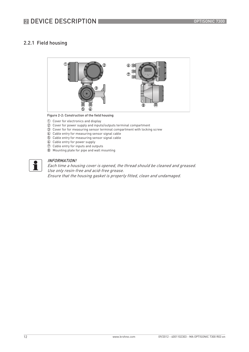Device description, 1 field housing | KROHNE OPTISONIC 7300 EN User Manual | Page 12 / 136