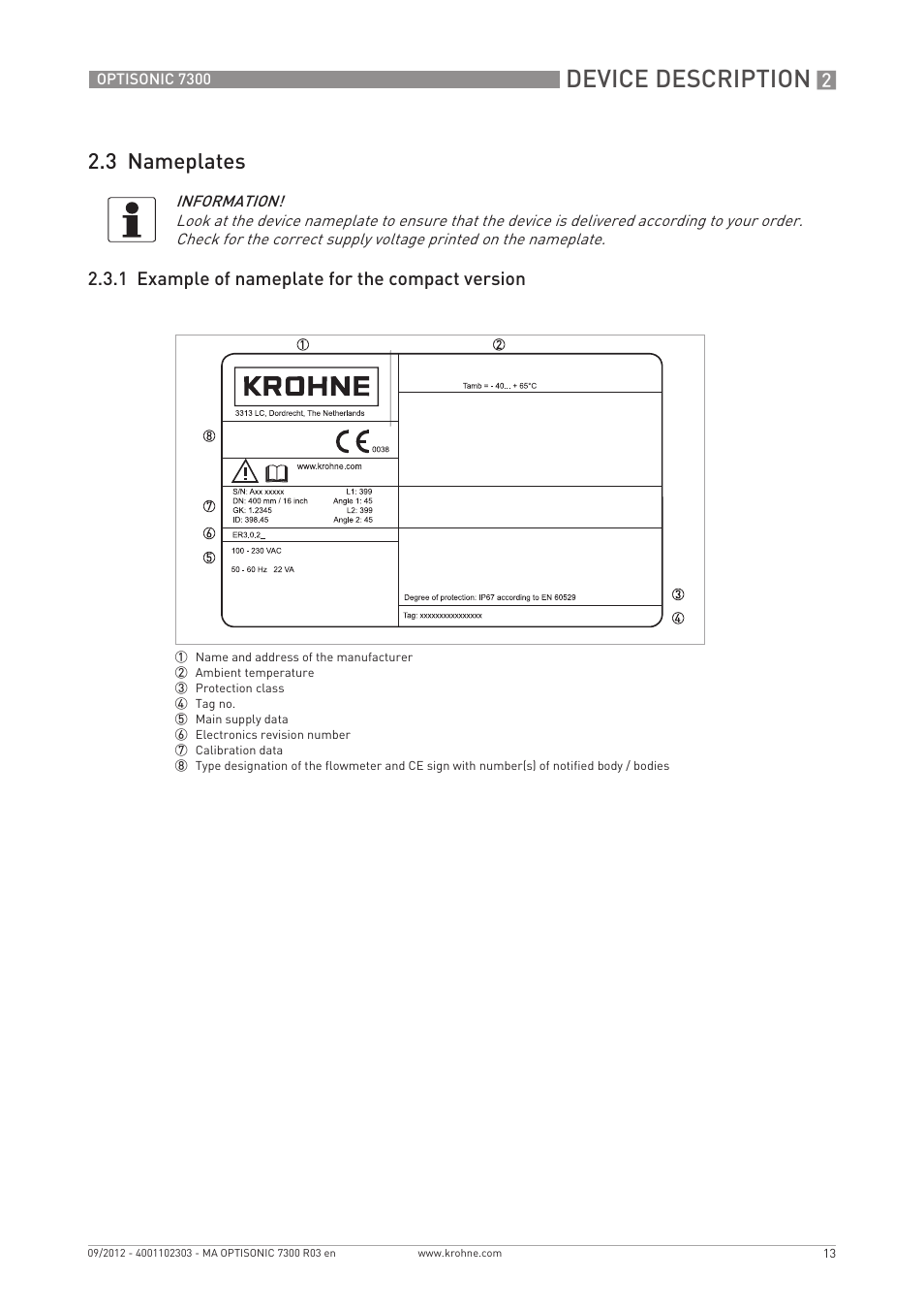Device description, 3 nameplates, 1 example of nameplate for the compact version | KROHNE OPTISONIC 7300 EN User Manual | Page 13 / 136