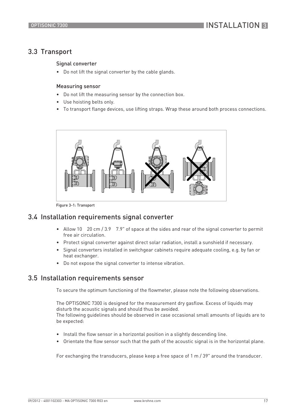 Installation, 3 transport, 4 installation requirements signal converter | 5 installation requirements sensor | KROHNE OPTISONIC 7300 EN User Manual | Page 17 / 136