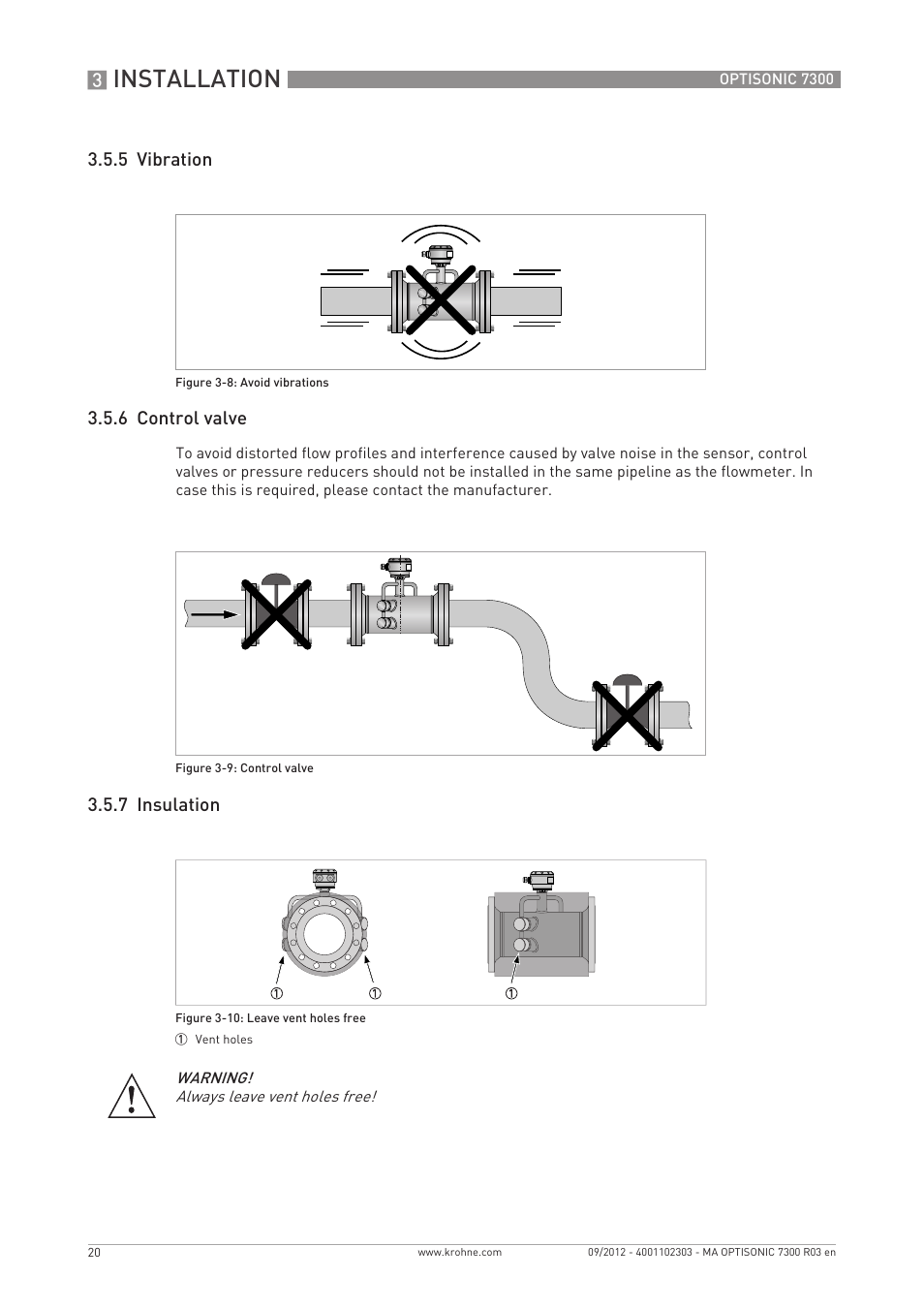 Installation, 5 vibration 3.5.6 control valve, 7 insulation | KROHNE OPTISONIC 7300 EN User Manual | Page 20 / 136