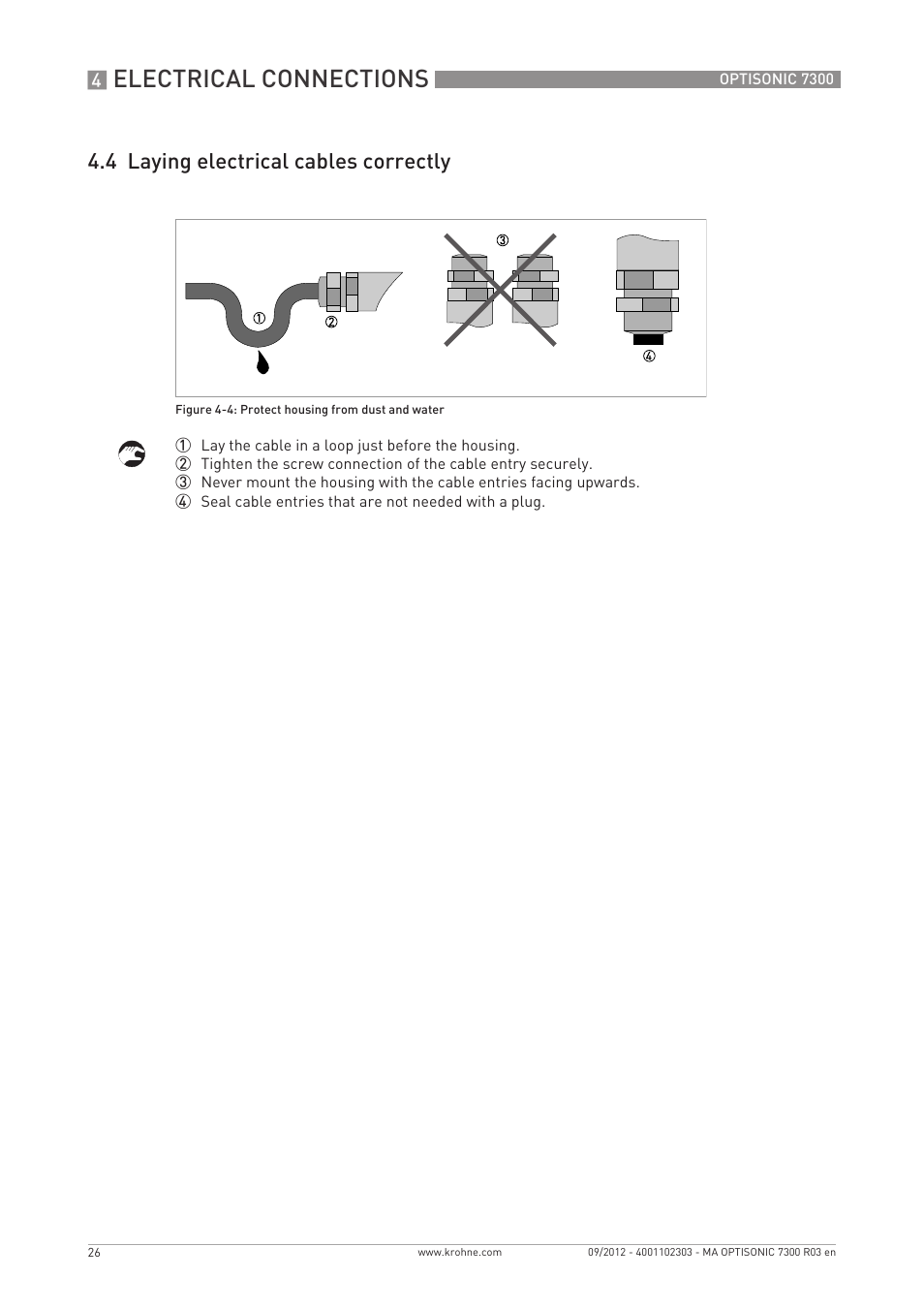 Electrical connections, 4 laying electrical cables correctly | KROHNE OPTISONIC 7300 EN User Manual | Page 26 / 136