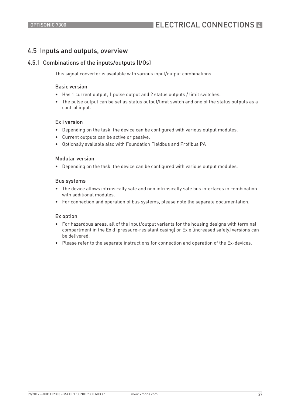 Electrical connections, 5 inputs and outputs, overview | KROHNE OPTISONIC 7300 EN User Manual | Page 27 / 136