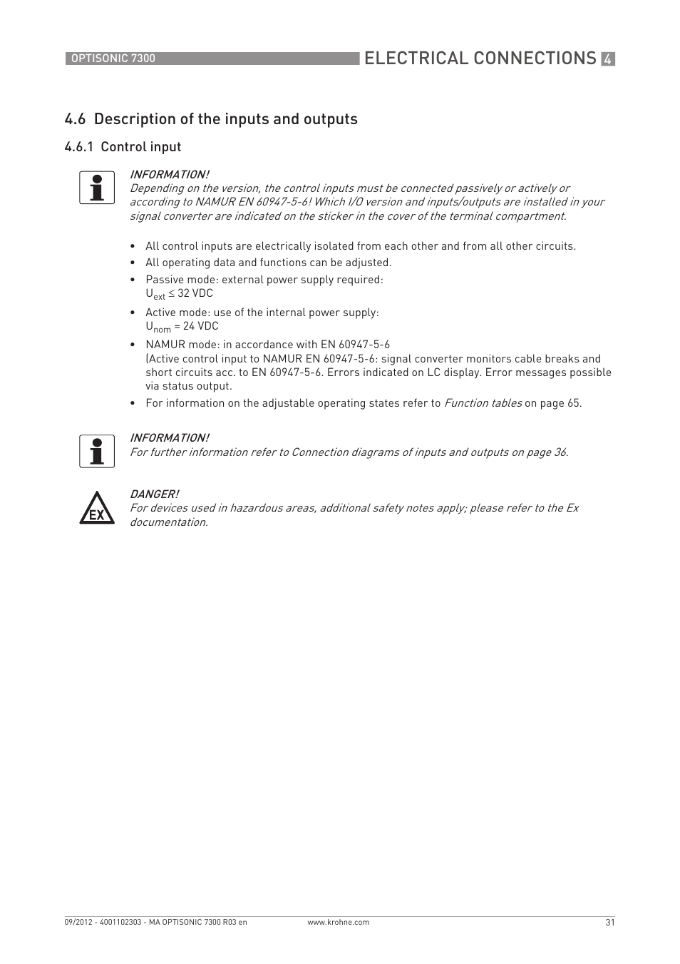 Electrical connections, 6 description of the inputs and outputs, 1 control input | KROHNE OPTISONIC 7300 EN User Manual | Page 31 / 136