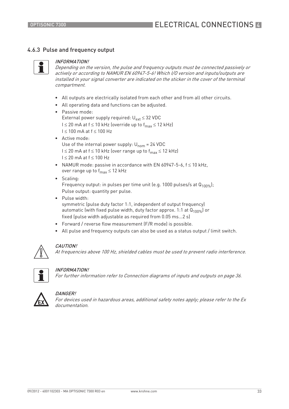 Electrical connections, 3 pulse and frequency output | KROHNE OPTISONIC 7300 EN User Manual | Page 33 / 136