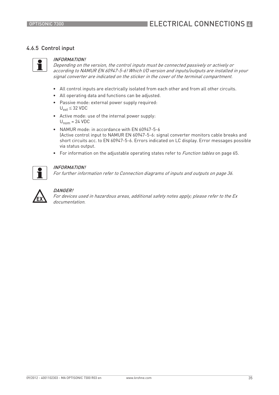 Electrical connections, 5 control input | KROHNE OPTISONIC 7300 EN User Manual | Page 35 / 136
