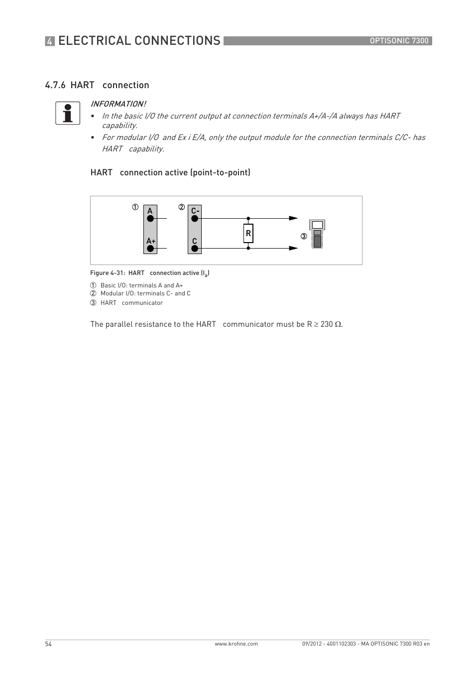 Electrical connections, 6 hart, Connection | KROHNE OPTISONIC 7300 EN User Manual | Page 54 / 136