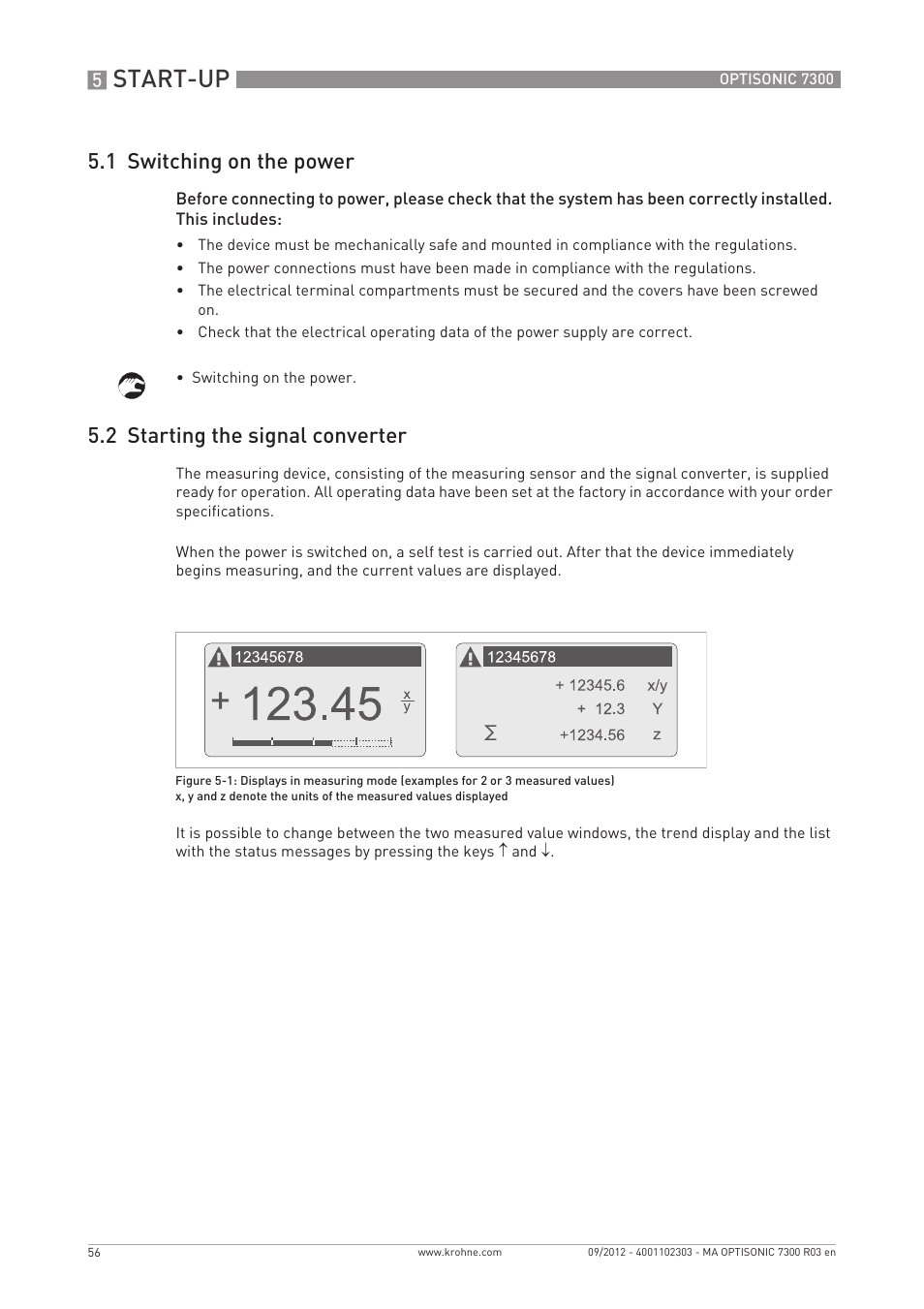 Start-up, 1 switching on the power, 2 starting the signal converter | KROHNE OPTISONIC 7300 EN User Manual | Page 56 / 136