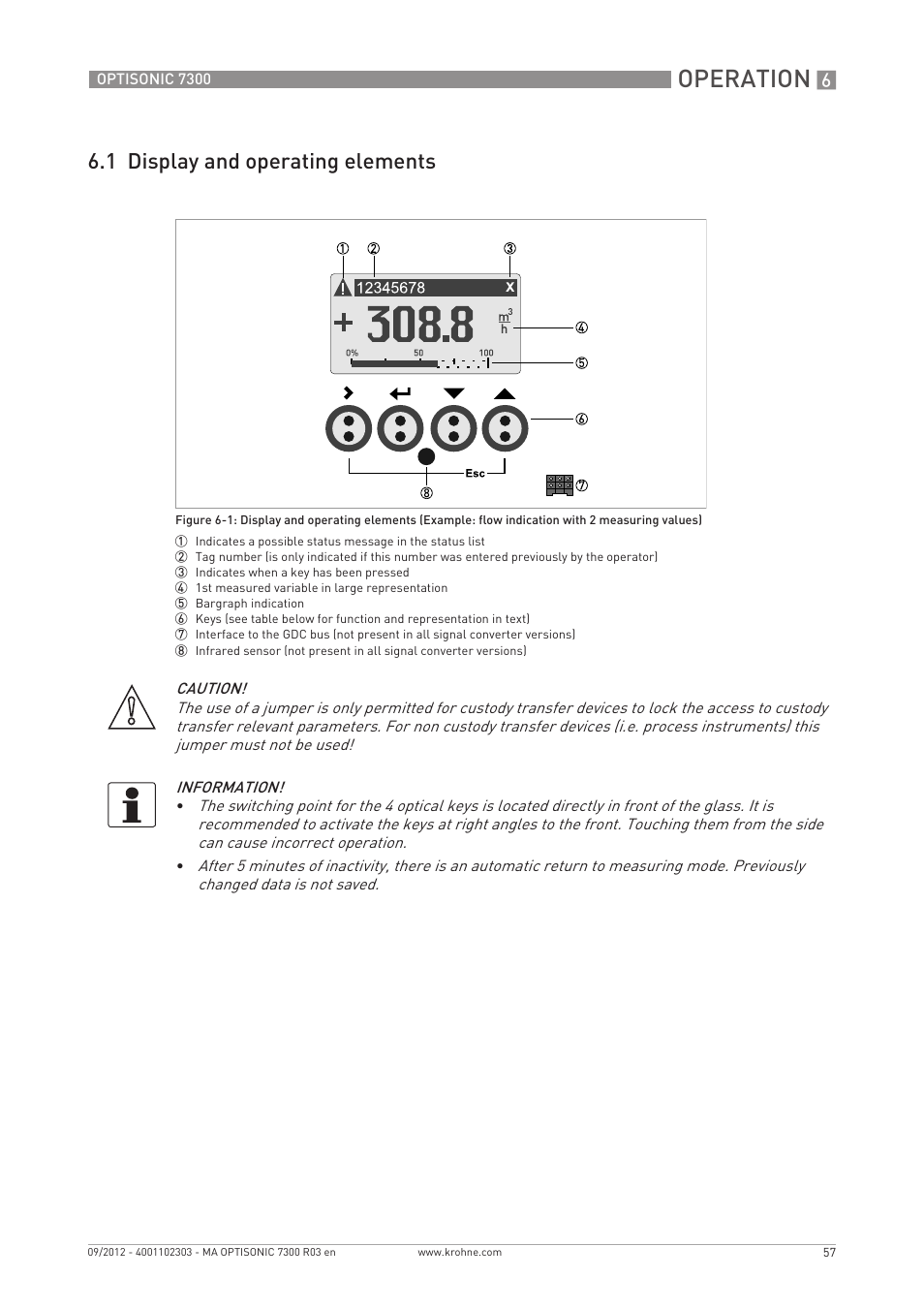 Operation, 1 display and operating elements | KROHNE OPTISONIC 7300 EN User Manual | Page 57 / 136