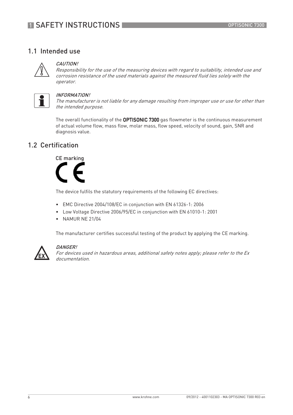 Safety instructions, 1 intended use, 2 certification | KROHNE OPTISONIC 7300 EN User Manual | Page 6 / 136