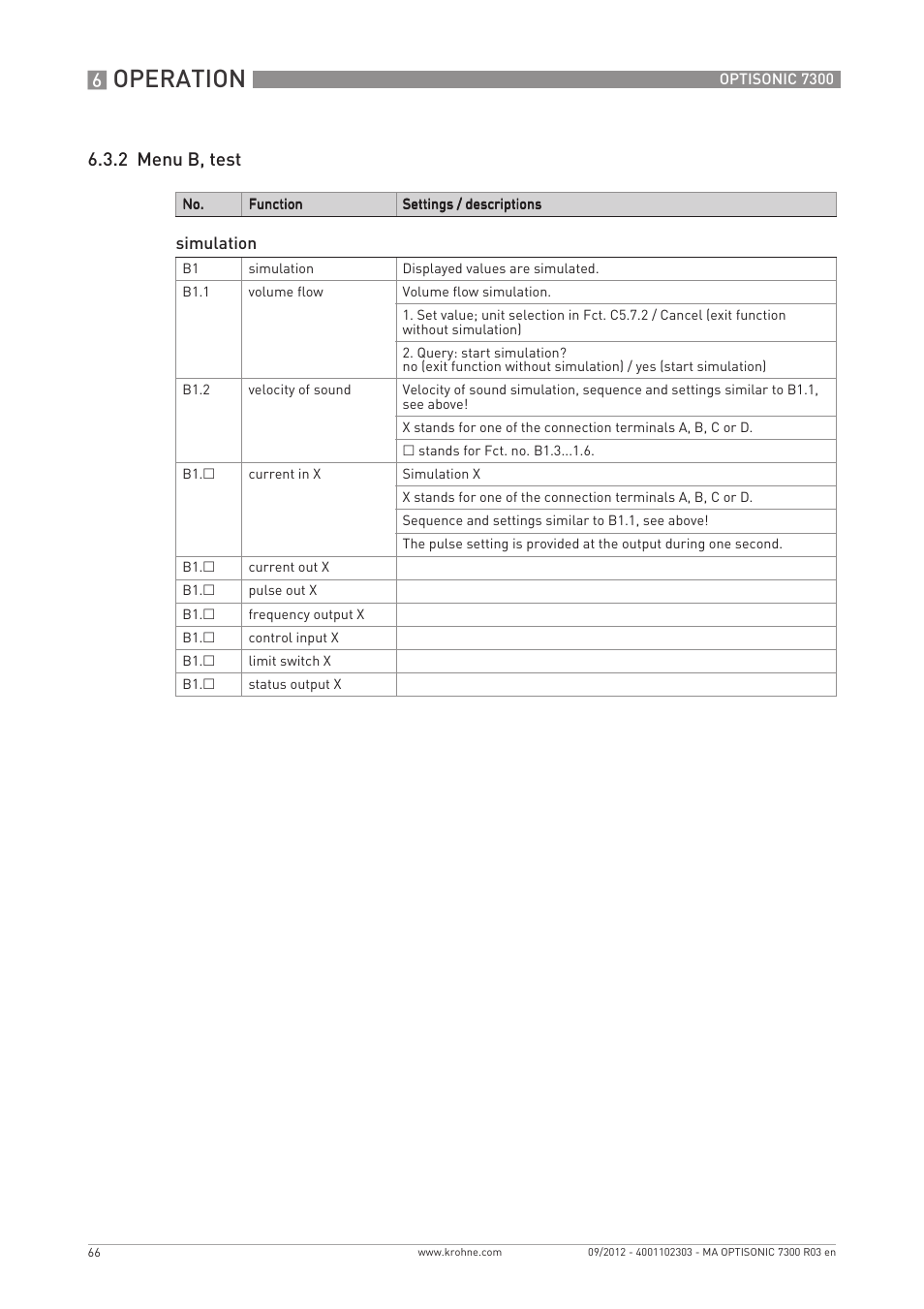 Operation, 2 menu b, test | KROHNE OPTISONIC 7300 EN User Manual | Page 66 / 136