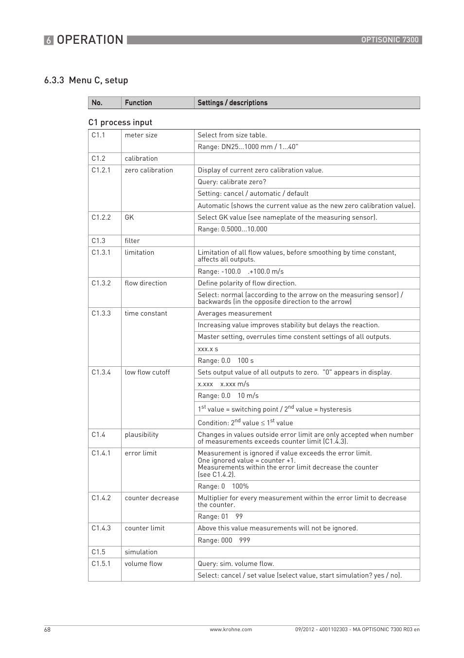 Operation, 3 menu c, setup | KROHNE OPTISONIC 7300 EN User Manual | Page 68 / 136