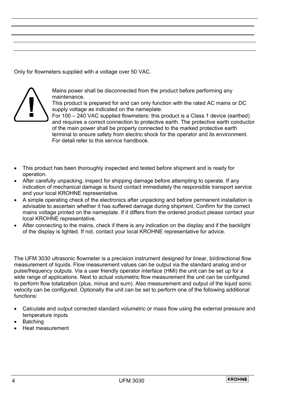 1 introduction, 1 cautions, 2 unpacking and inspection | 3 system description | KROHNE UFM 3030 EN User Manual | Page 4 / 23