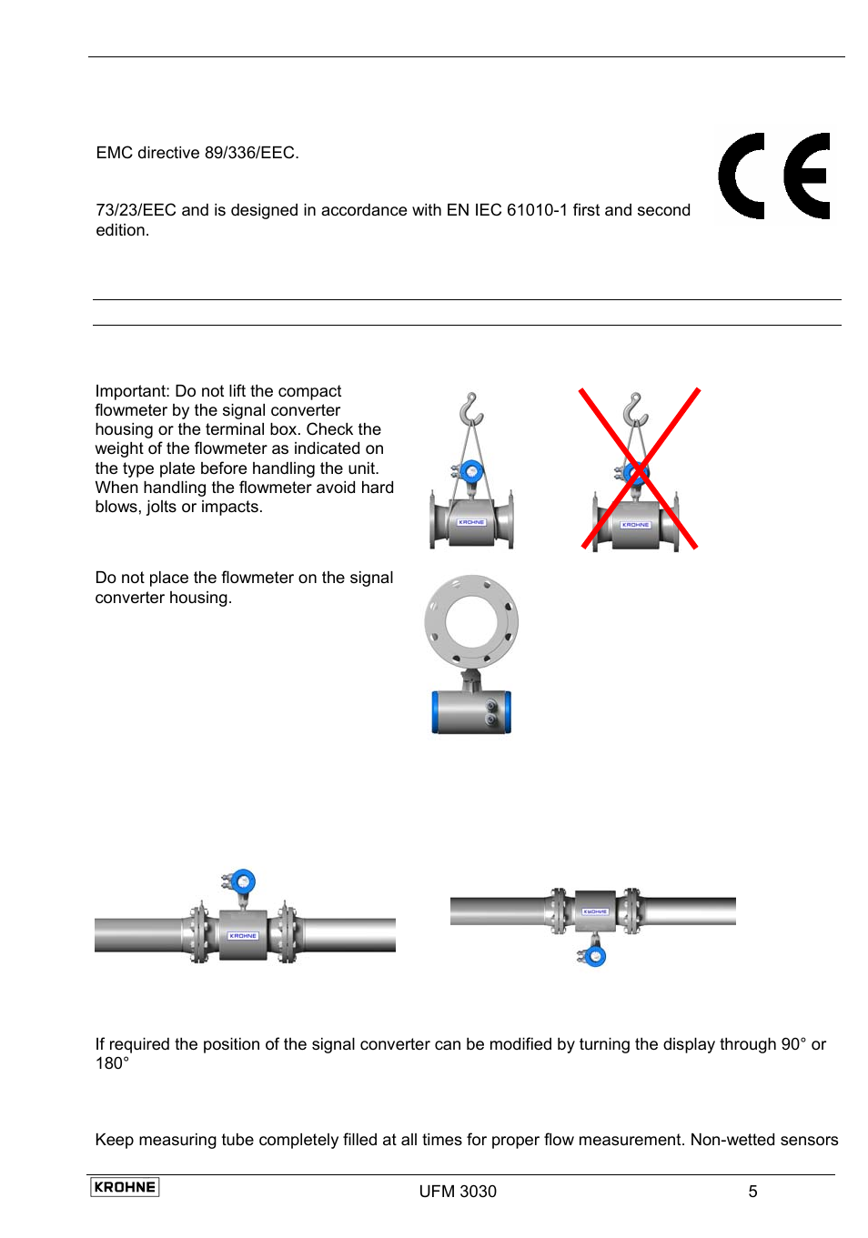 4 ce approvals, 2 mechanical installation, 1 handling the flowmeter | 2 installation location and position | KROHNE UFM 3030 EN User Manual | Page 5 / 23
