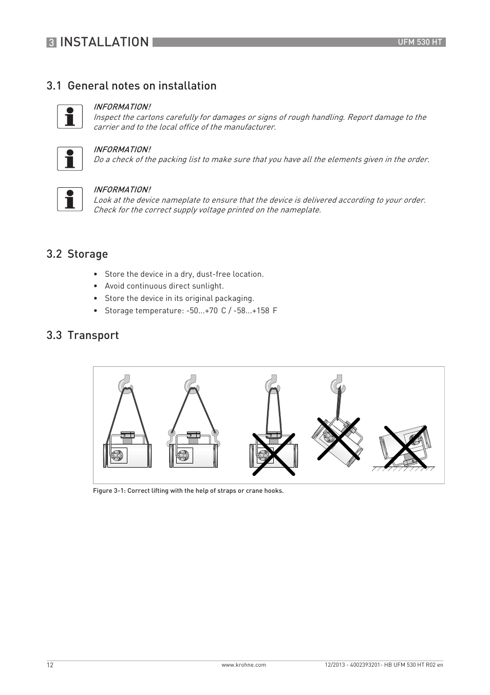 Installation, 3 transport | KROHNE UFM 530 HT EN User Manual | Page 12 / 68