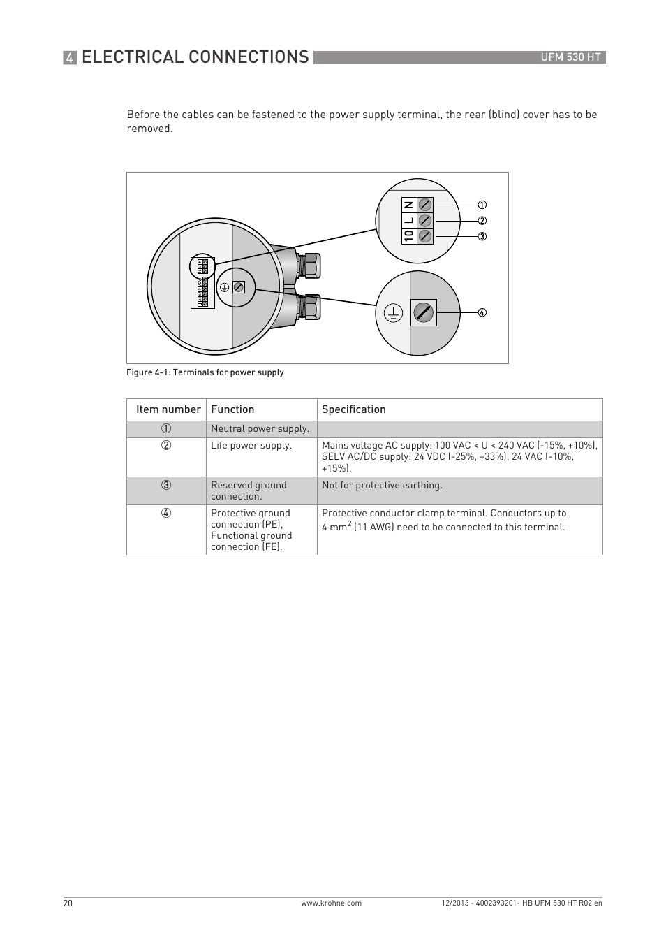 Electrical connections | KROHNE UFM 530 HT EN User Manual | Page 20 / 68