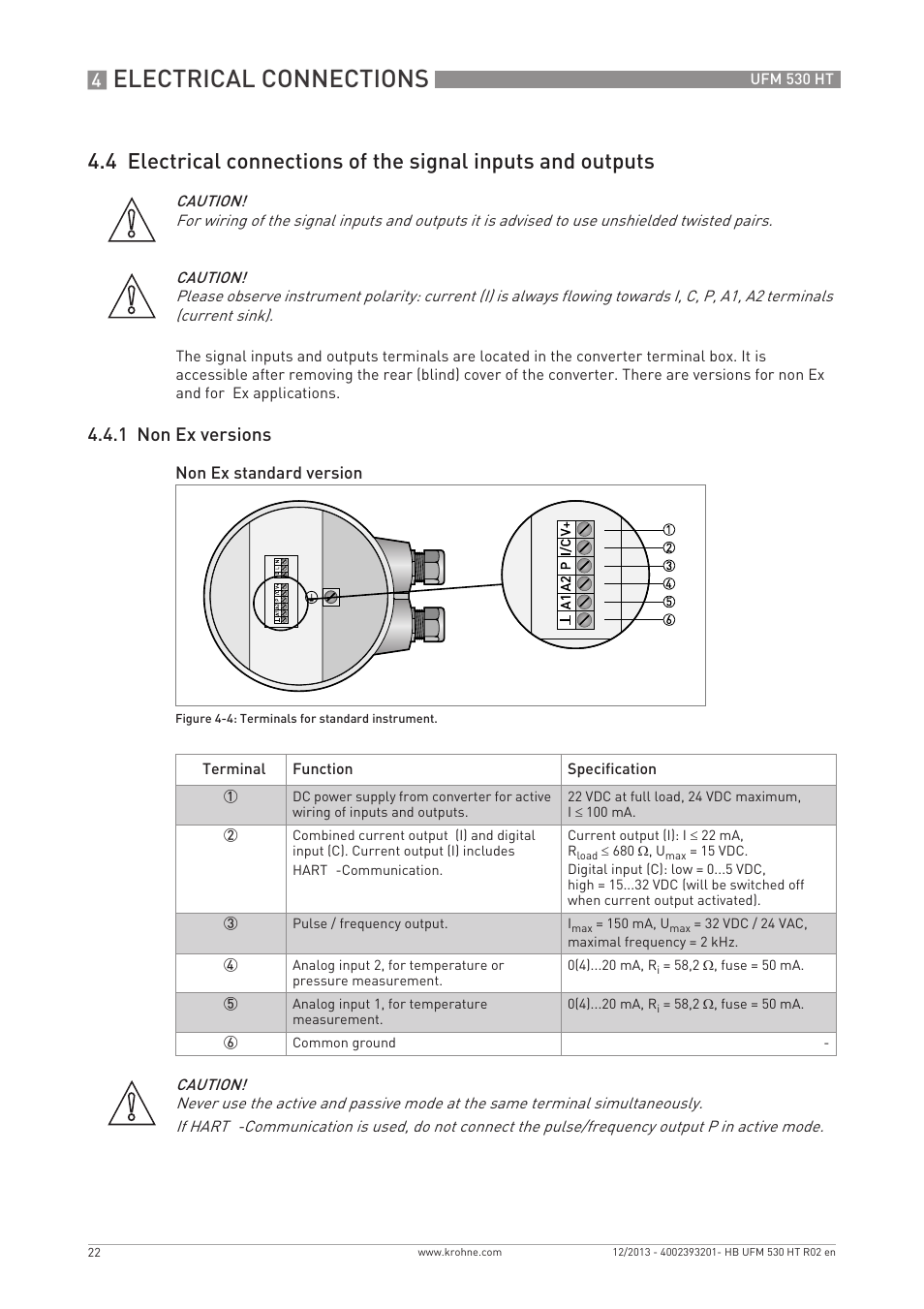 Electrical connections, 1 non ex versions | KROHNE UFM 530 HT EN User Manual | Page 22 / 68