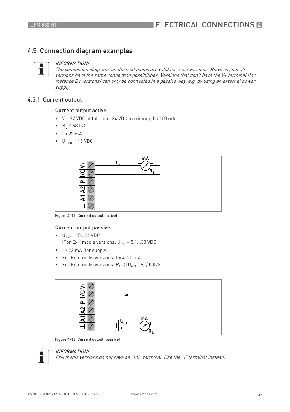 Electrical connections, 5 connection diagram examples, 1 current output | KROHNE UFM 530 HT EN User Manual | Page 29 / 68