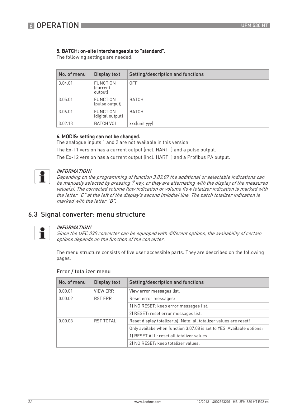 Operation, 3 signal converter: menu structure | KROHNE UFM 530 HT EN User Manual | Page 36 / 68